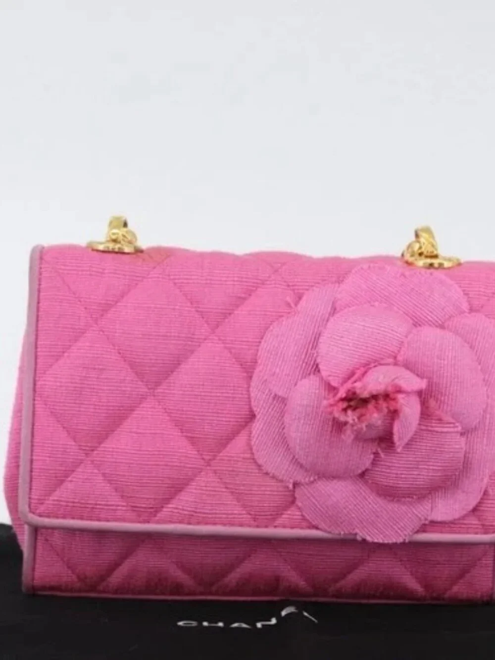 CHANEL Matelasse Chain Camelia Shoulder Bag Canvas Pink Gold CC Auth 172461V